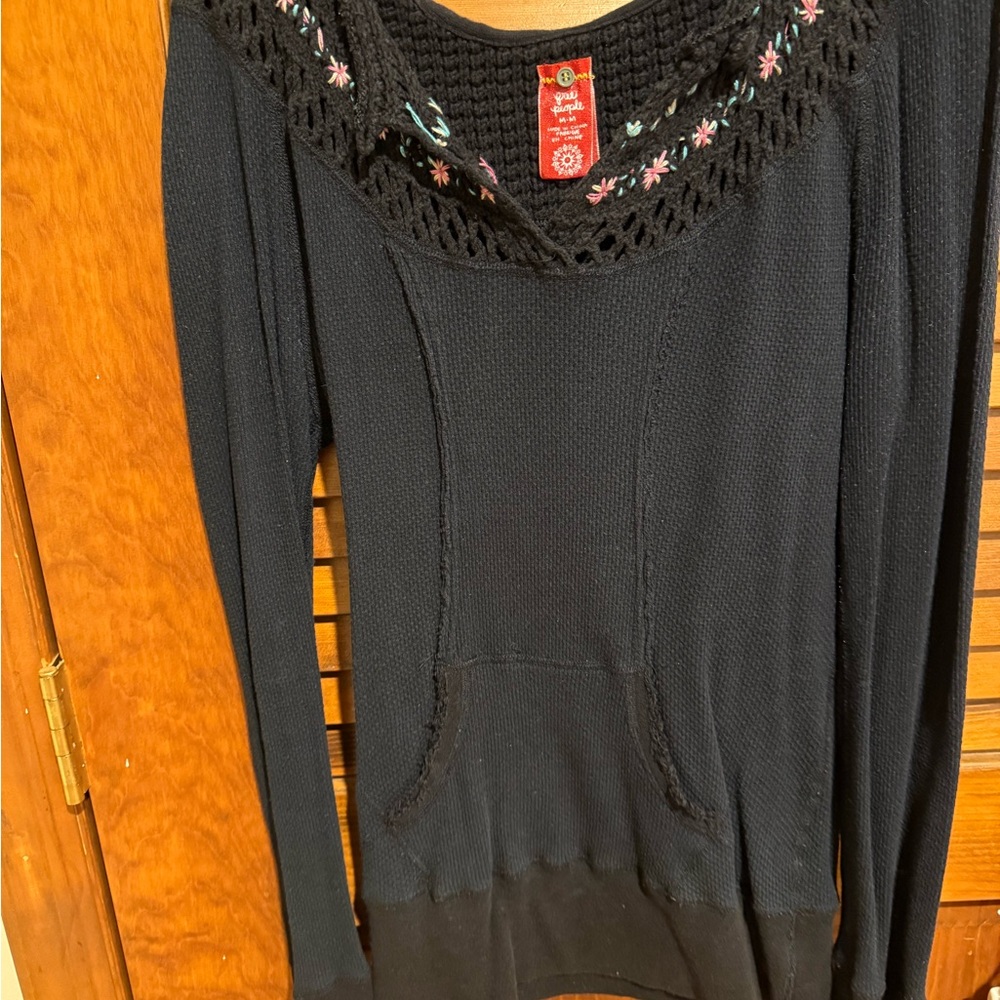 Free People Black Crochet yoke waffle‎ knit Sweater with Floral Embroidery